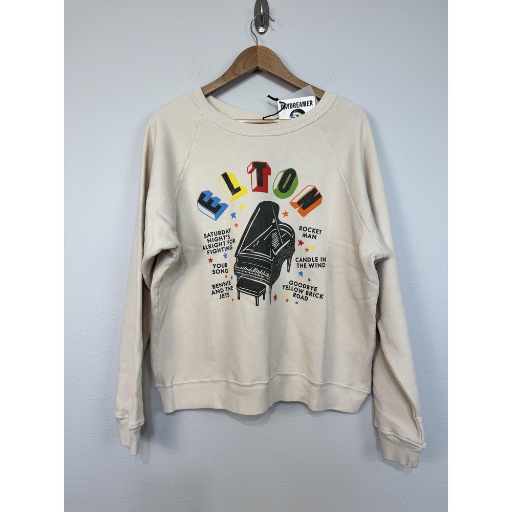 Daydreamer Elton John Sweatshirt Women's Large Beige Piano Graphic Fleece Rock